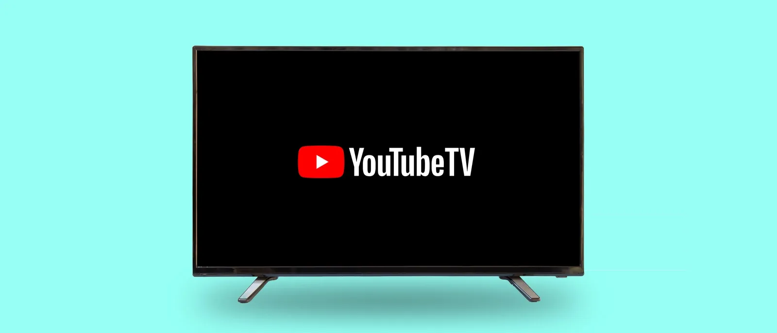 A television displaying the YouTube TV logo against a light blue background.